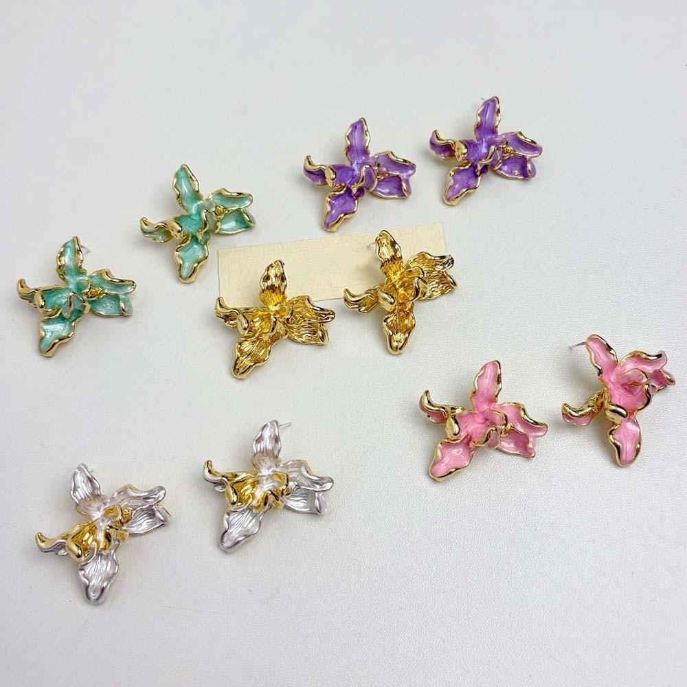 1 Pair Luxury Enamel Iris Earrings Zinc Zinc Alloy Metal Flower Ear Studs Golden and Silver Earrings  Bride