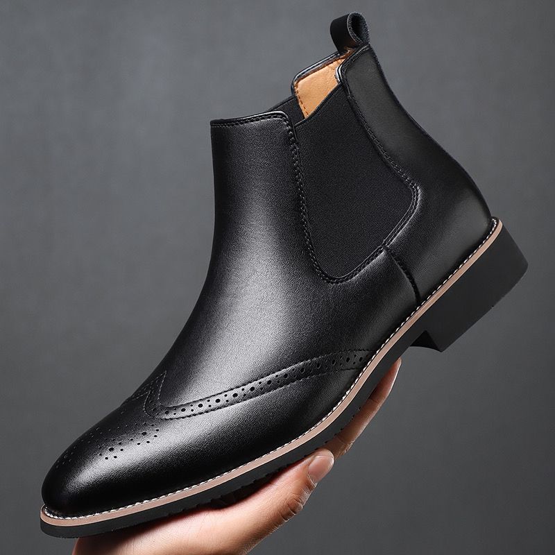 Men's British Style Vintage Brogue Chelsea Boots Soft Sole High Top Pointed Toe Leather Work Dress Shoes