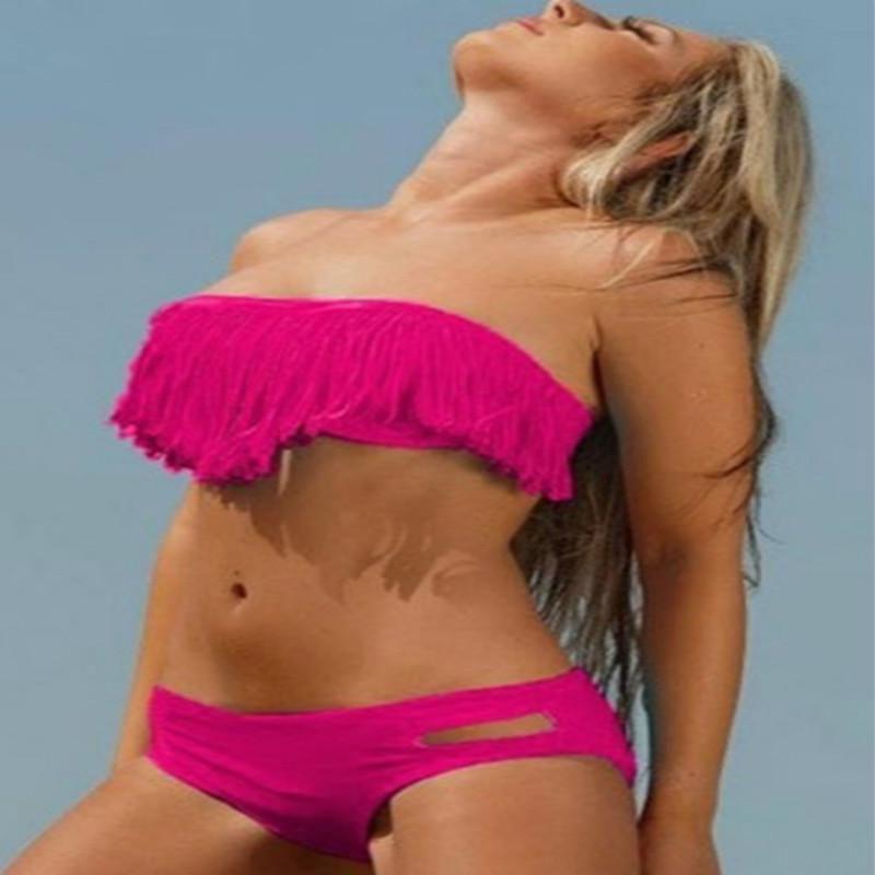 Bikini Sexy Estivo di Qualità Premium con Spacco, Monocolore, Frange, Schiena Scoperta, Costume da Bagno, Set Retrò per uno Stile Definitivo