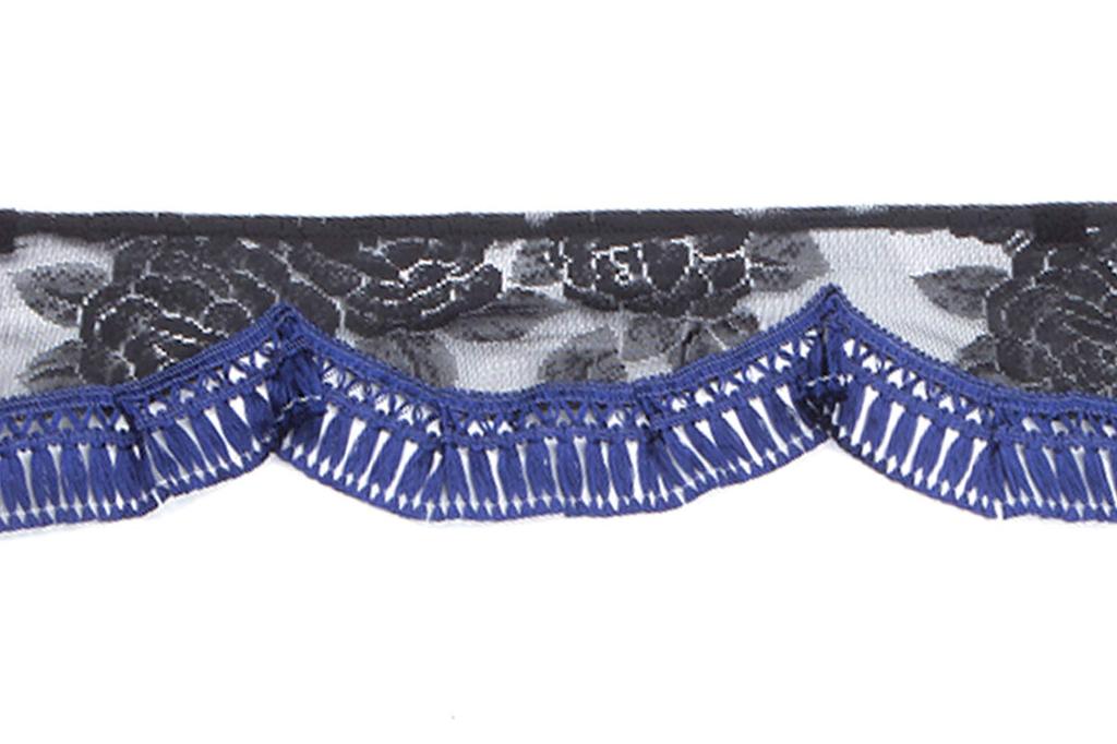 Miyabi Rose Pattern Lace Front Large Navy Curtains, (2200mm Wide), Fringe, MFC-RA-NVL