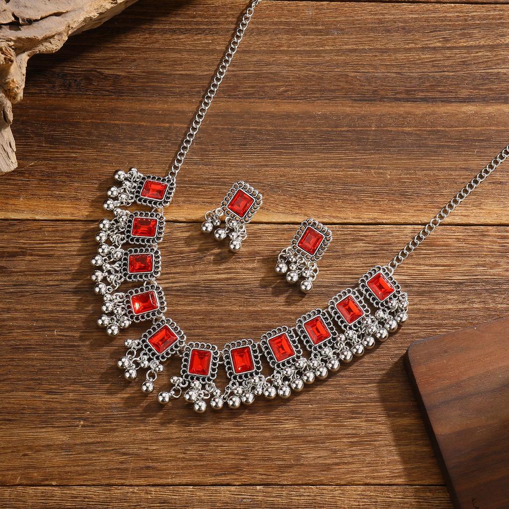 Vintage Bohemian Tassel Necklace and Earrings Set , Geometric Rhinestone Pendant , Retro Ethnic Two - Piece Jewelry Set