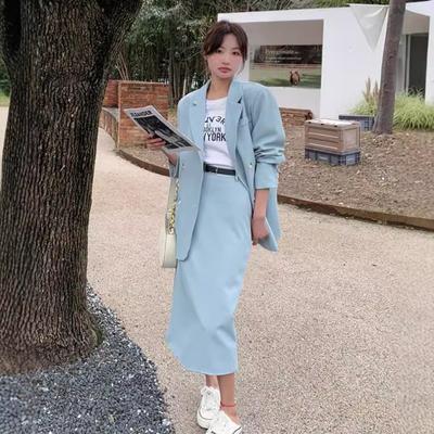Blue Women's Spring and Autumn New Casual Slim Blazer and Temperament Skirt Two-piece Set
