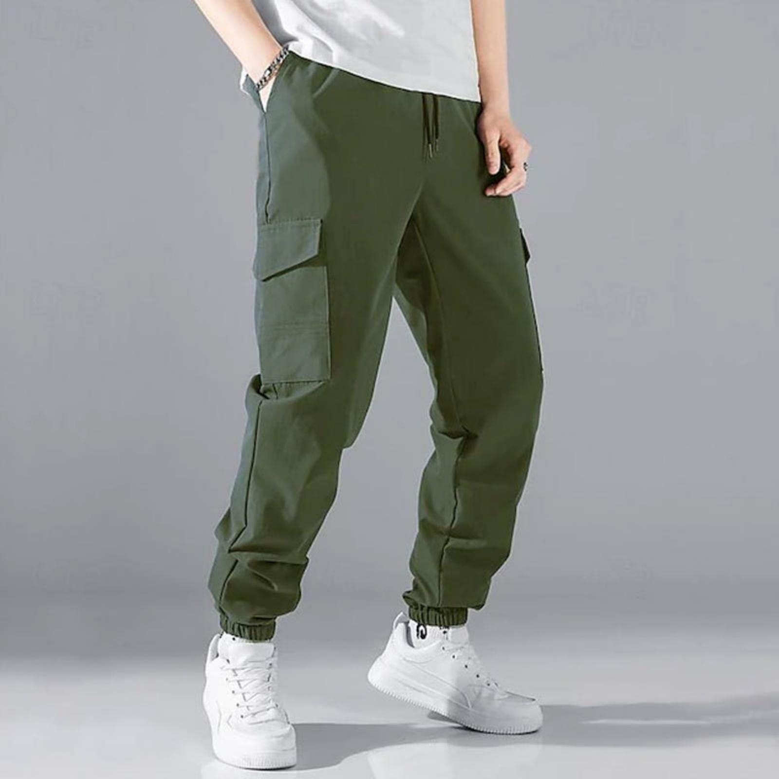 Men s Cargo Pants with Multi-Pockets, Drawstring Waist and Elastic Cuffs - Color Casual Work Pants L