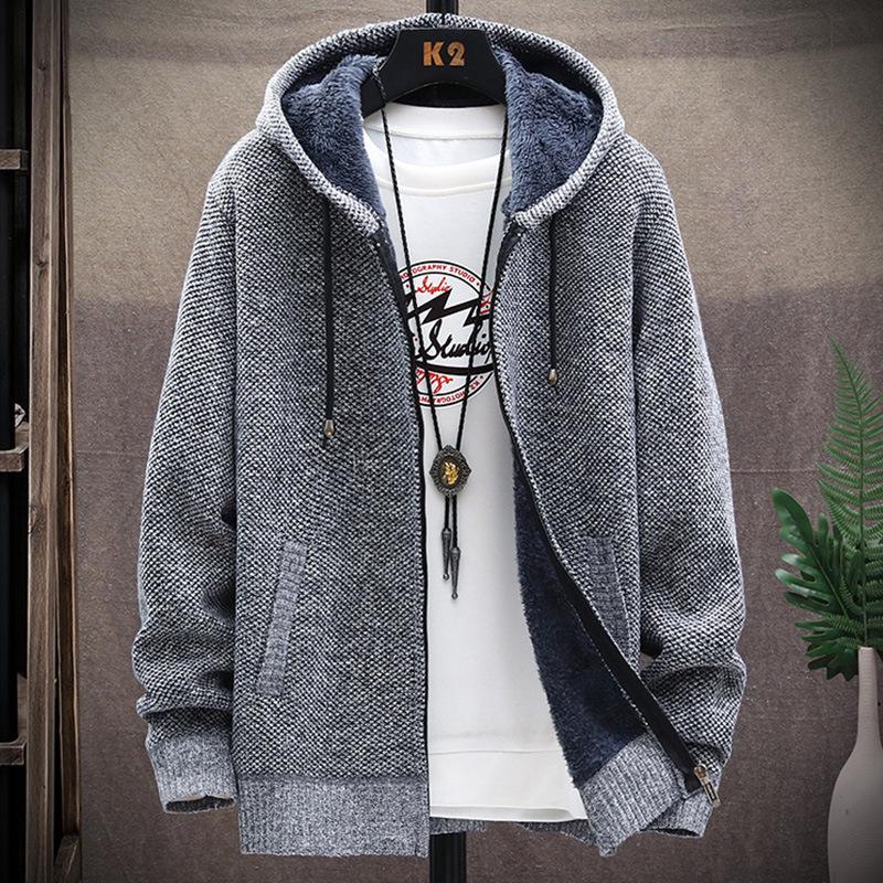 

Men s Hooded Fleece-Lined Knitted Cardigan: Autumn/Winter Solid Color Sweater Coat XL