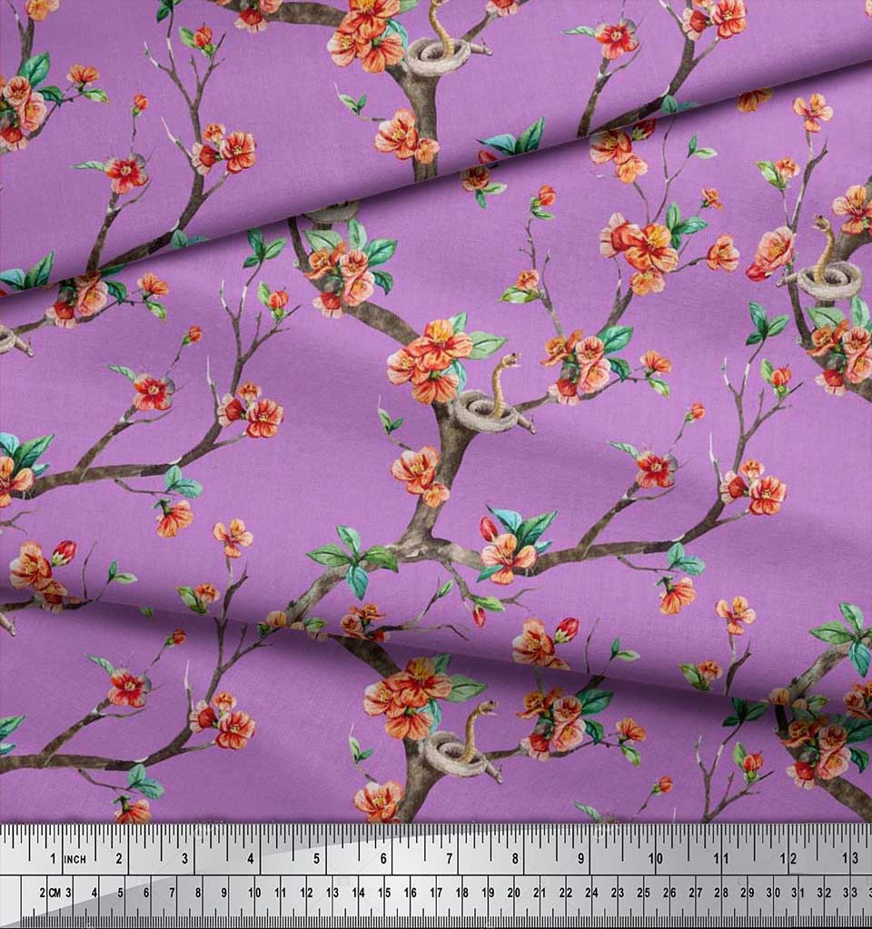 Soimoi Japonská krepová saténová látka Had, listy a květy, květinový potisk v metrech 42 palců