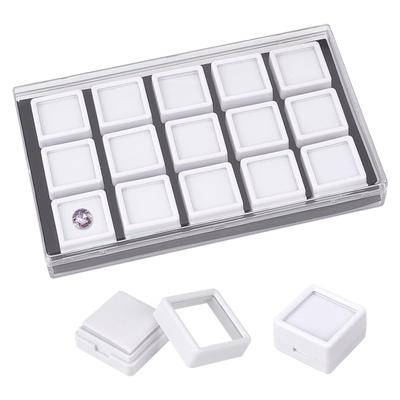 Schmuck-Präsentationsbox aus Acryl mit 15 Fächern zur Aufbewahrung von Edelsteinen und zur Ringpräsentation mit Deckel und Schwamm-Interieur