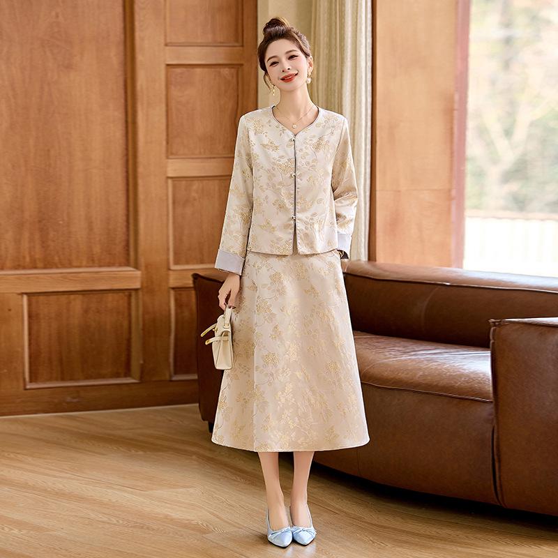 Set Rochie Două Piese Fustă și Articol Exterior Satin Jacquard Chinezesc Primăvară 2025