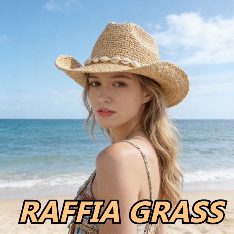 Garden Supplies My Women's Summer Fashion Raffia Wide Brim Sun Hat Outdoor Handwoven With Conch Shell Chain Jazz Top Straw Hat Sun Protection Cowboy Hat 59Cm