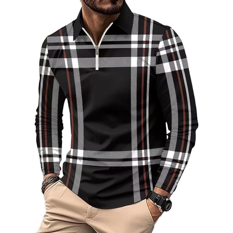 Moda e Lazer 2025 Camisa Polo Masculina de Manga Comprida com Zíper Gola Virada Trabalho de Escritório Estampa Digital