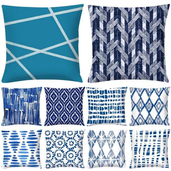 Blue Geometric Printed Throw Square Pillow Cover Sofa Chair Cushion Pillowcase