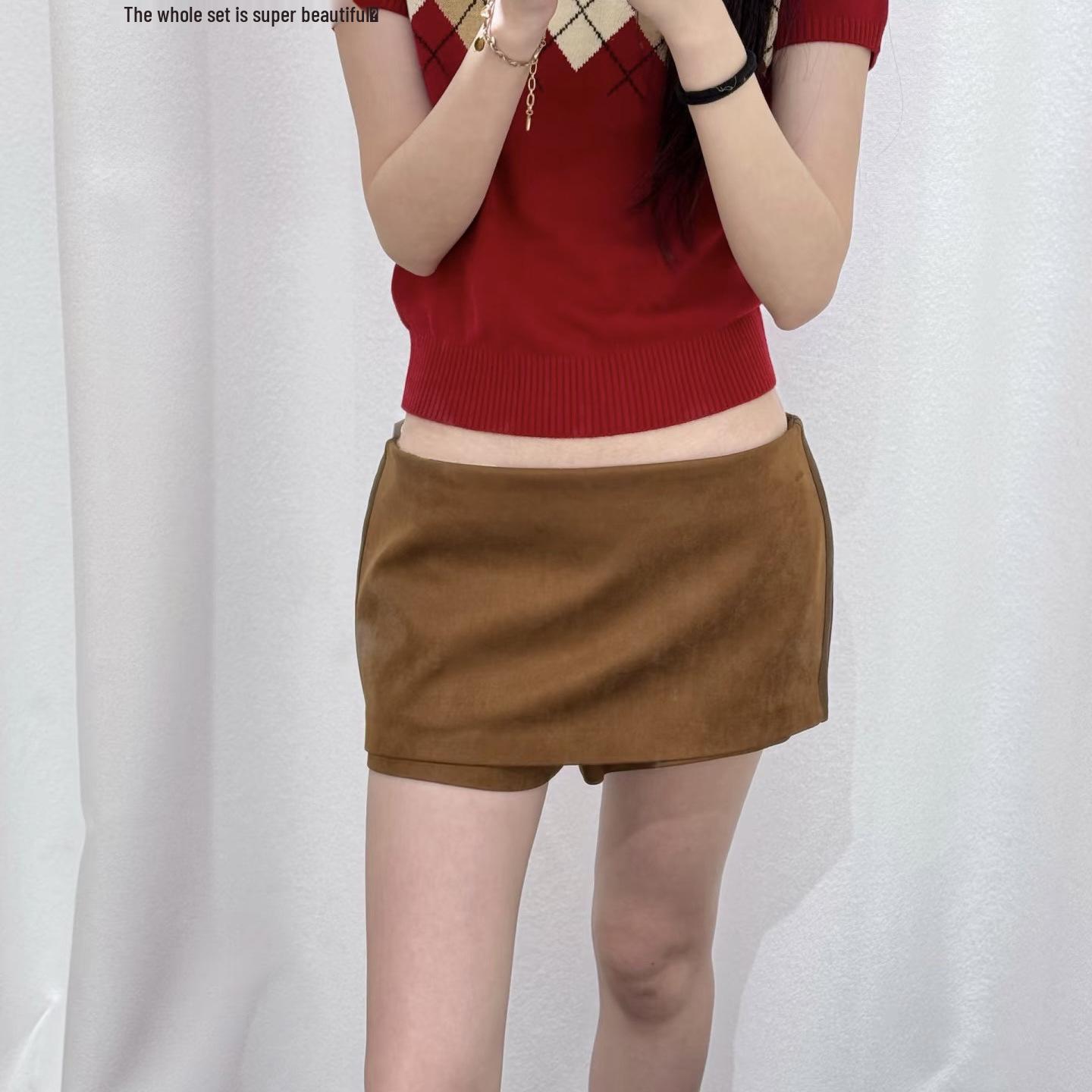 

Versatile Two-Way Side Zip Mini Skirt Pants in Brown, Black, or Wine Red Leather Large коричневый