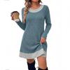 Damen Lässiges Rundhals Langarm Kariertes Patchwork Kleid