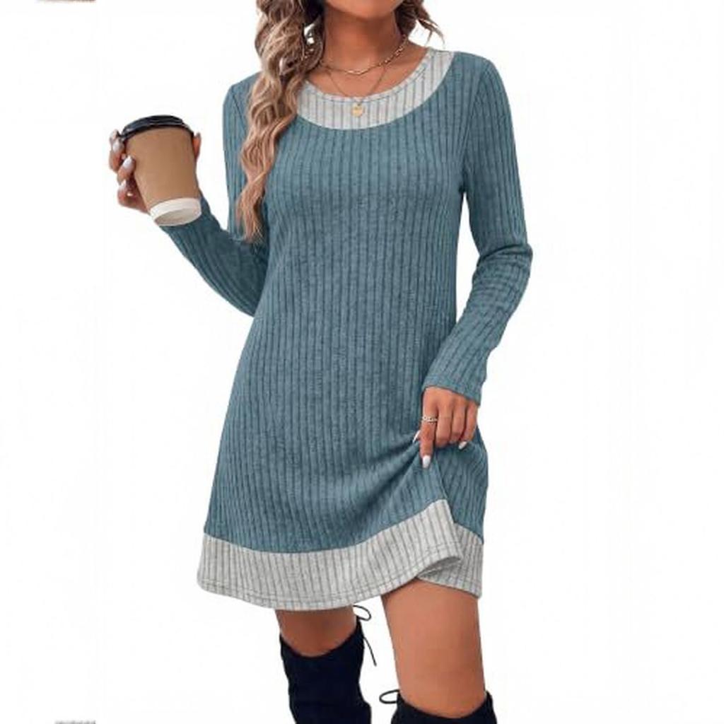 Damen Lässiges Rundhals Langarm Kariertes Patchwork Kleid