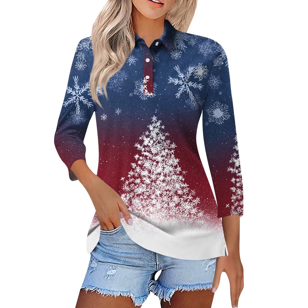 Mote dame casual revers kort 3/4 ermet juleprint skjorte dame knapp opp topper