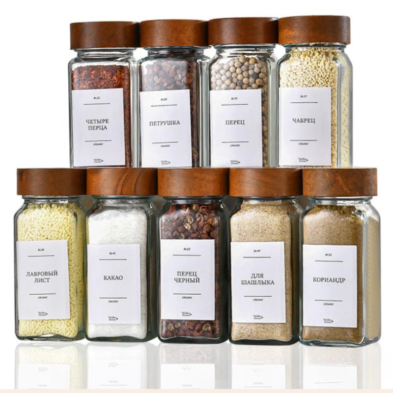 Glas Gewürzgläser mit Etiketten- Holzdeckel Quadratische Gewürzbehälter mit Pinseldeckeln & Trichter, Gewürzgläser für Regal Schrank Schublade