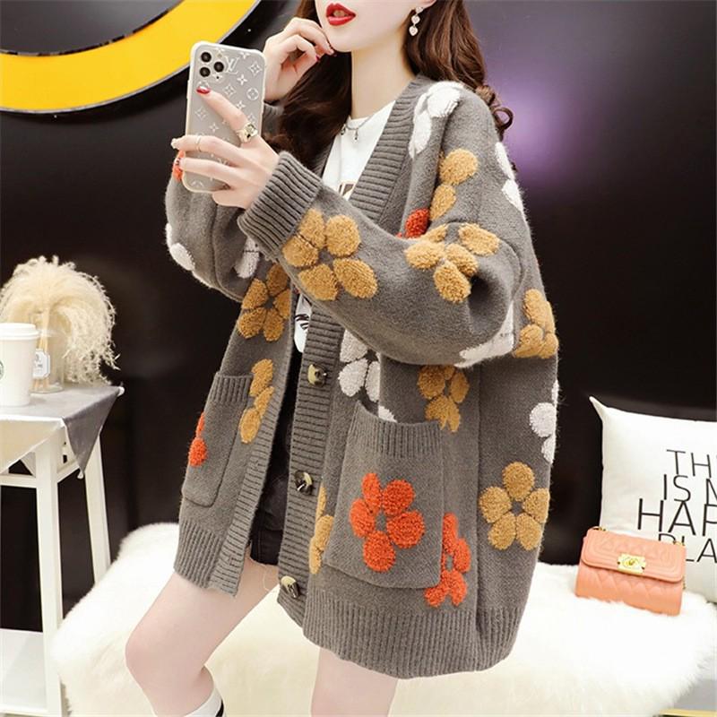 Women's Color Block Jacquard Knit Cardigan - Korean Style Loose Fit for Autumn and Winter.