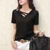 Moda Verão Feminina Camiseta Gola V Solta Cor Sólida Top Camiseta Casual