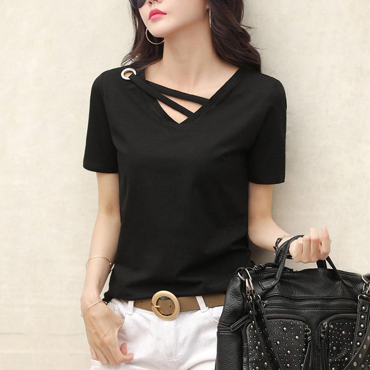 Moda Verão Feminina Camiseta Gola V Solta Cor Sólida Top Camiseta Casual