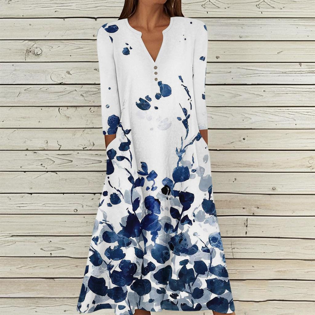 Women's Summer Casual V-Neck Button Vintage Floral Print Three-quarter Sleeve Long Dress With Pockets