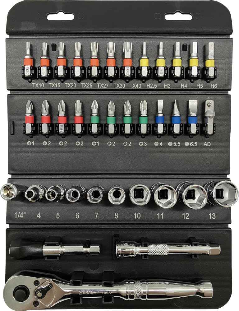 

SIGNET Compact Storage Square Socket Bit Set with Ratchet Ideal for and Car Roll Choice 22041 1/4 Handle, 37-Piece Set, DIY, Bicycles, Tools,