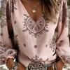 Printed lady's casual retro western style V-neck shirt, retro bohemian blouse, women's lantern sleeve design, Valentine's Day gift