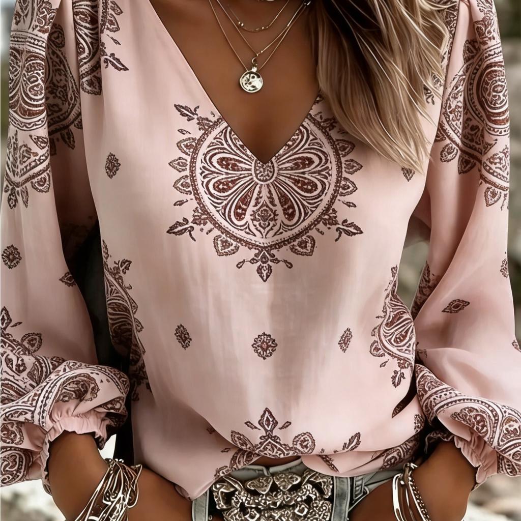 Printed lady's casual retro western style V-neck shirt, retro bohemian blouse, women's lantern sleeve design, Valentine's Day gift