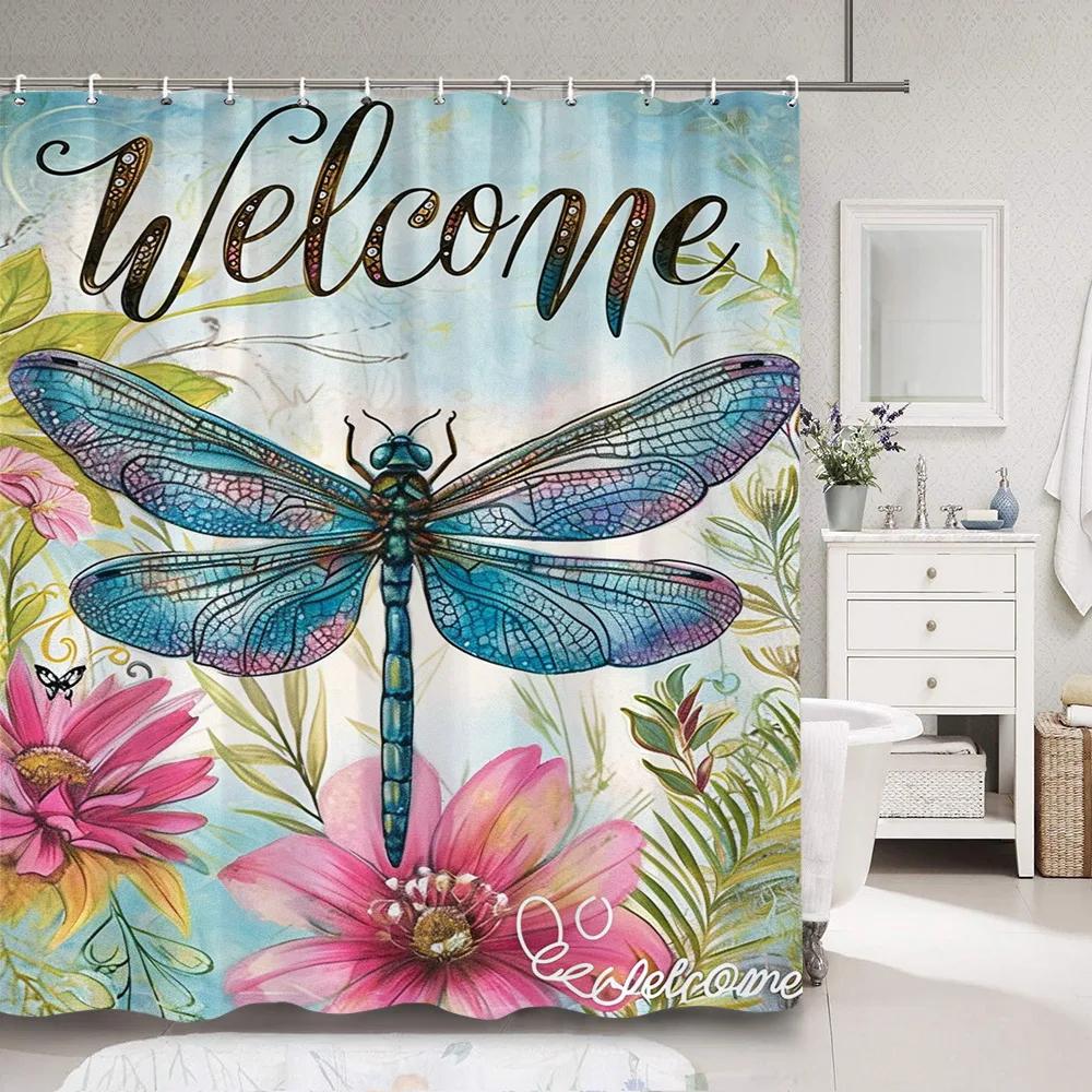 Dragonfly Watercolour Shower Curtain Dandelion Lavender Flower Polyester Fabric Home Art Bath Curtains Bathroom Decor with Hooks