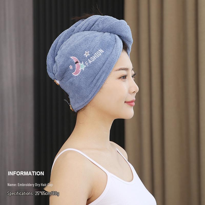 Quick-Drying Coral Fleece Embroidered Hair Drying Towel Cap for Women