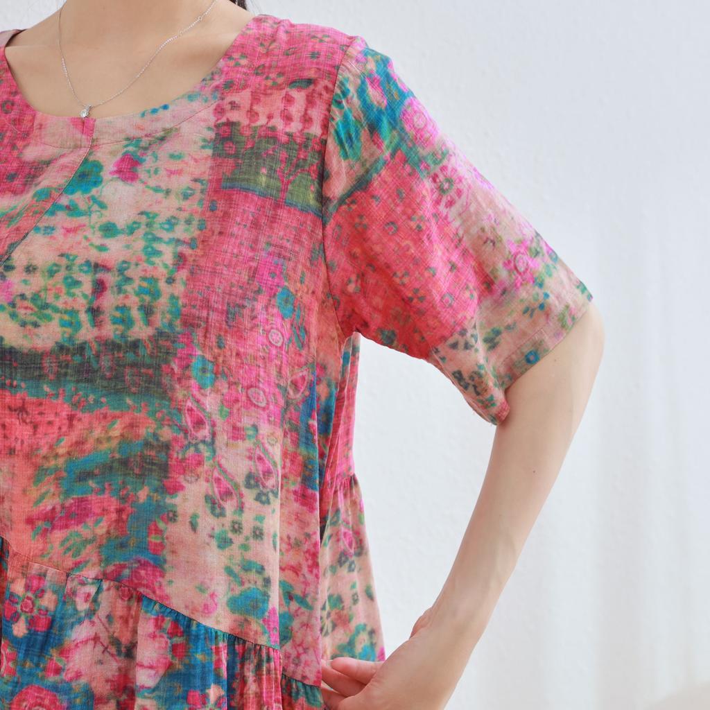 Dimanaf 2025 Women Plus Size Pink Summer Dress Casual Floral Dress Basic Vintage Loose Long Dress