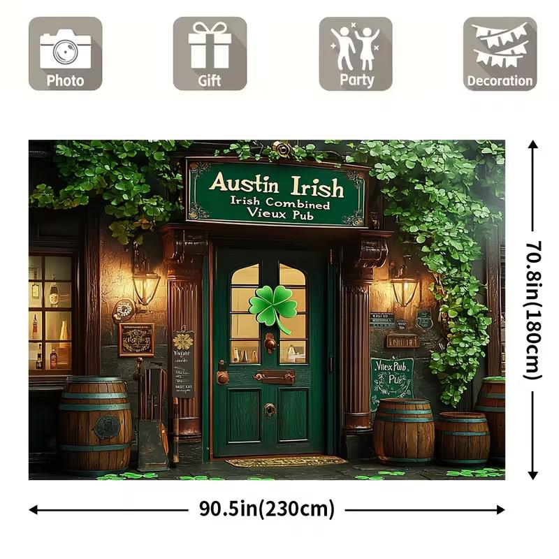 2D Vintage Irische Vieux Pub Fassade Hintergrund mit Grünem Efeu und Klee