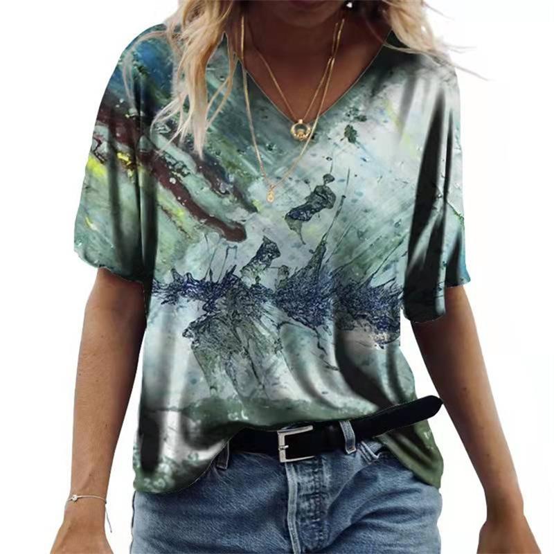 Damski T-shirt z krótkim rękawem i dekoltem V Luźny T-shirt Miejski Casual Nadruk 3D Damska Podstawa