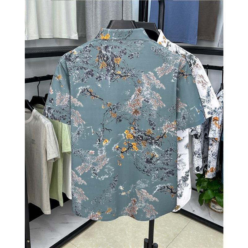 Chinese Style Ink Plum Blossom Short Sleeved Shirt For Men Retro Breathable Shirt