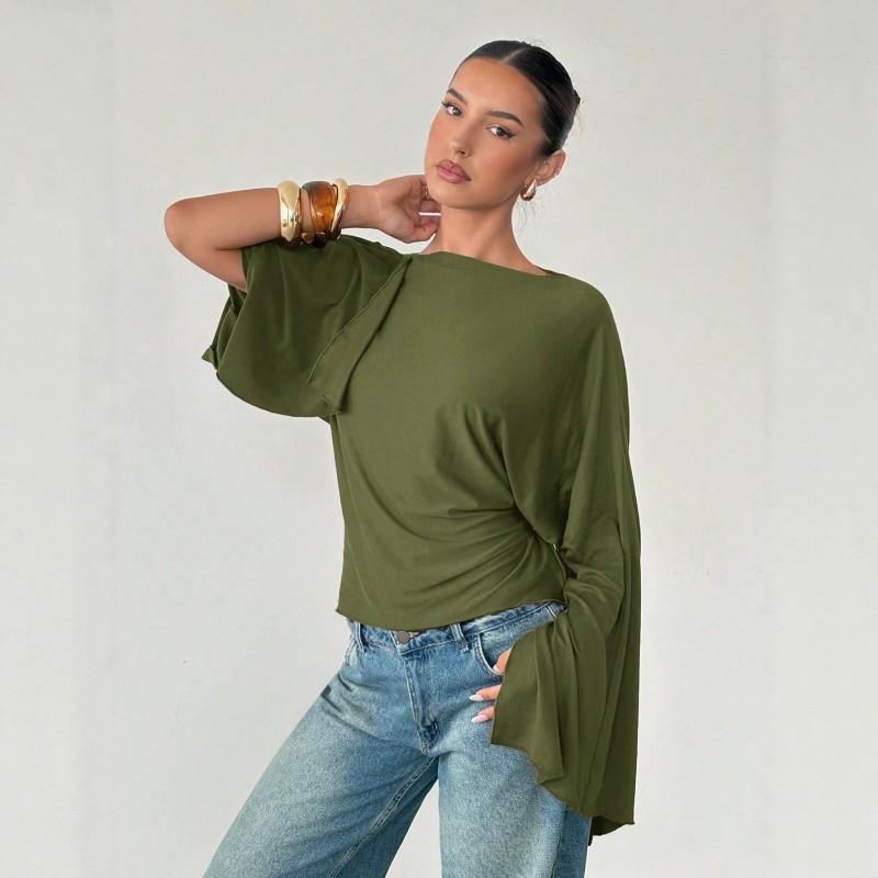 Womens Solid Color Off-Shoulder Long Sleeve Top With Flared Sleeves Slim Fit Knit Blouse 2026