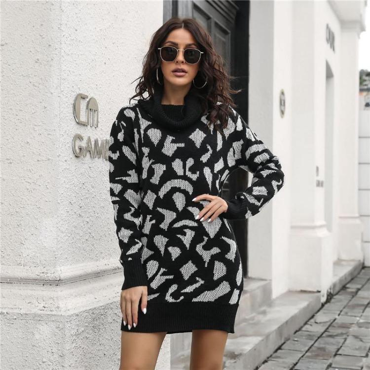 Women Casual Leopard Print Knit Sweater Dress Spring Fall Loose Waist Straight Collar Full Sleeve Above Knee Mini S-L
