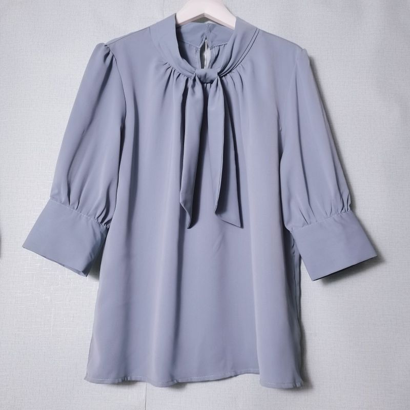 Export Tail Goods Ribbon Half Sleeve Shirt Women's Professional Commute Shirt Easiest for Match Stylish Bottoming Shirt Office Lady Style