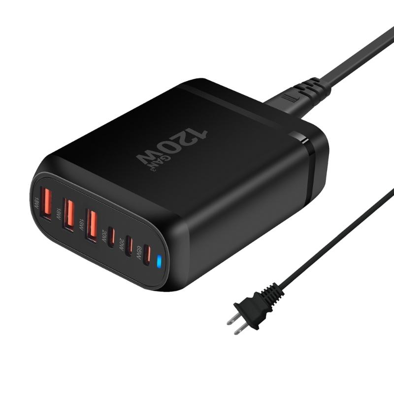 Multiple Port 3xUSB+3xType C Charging Station with 120W Output for Public Space and Travel Use