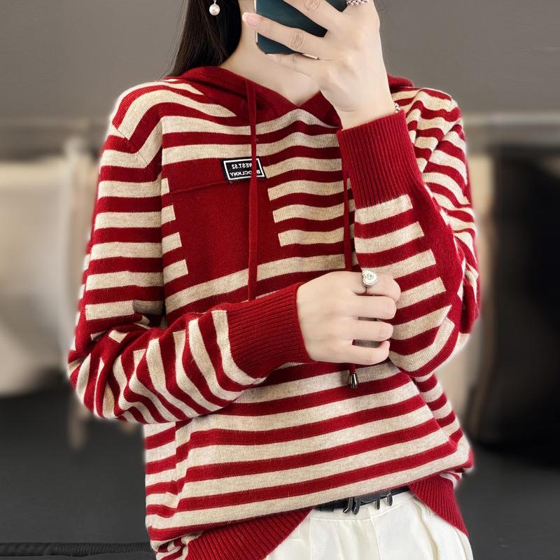 INDFS Women's Fashion Casual Fall Winter Stripe Print Long Sleeve Hooded Sweaters