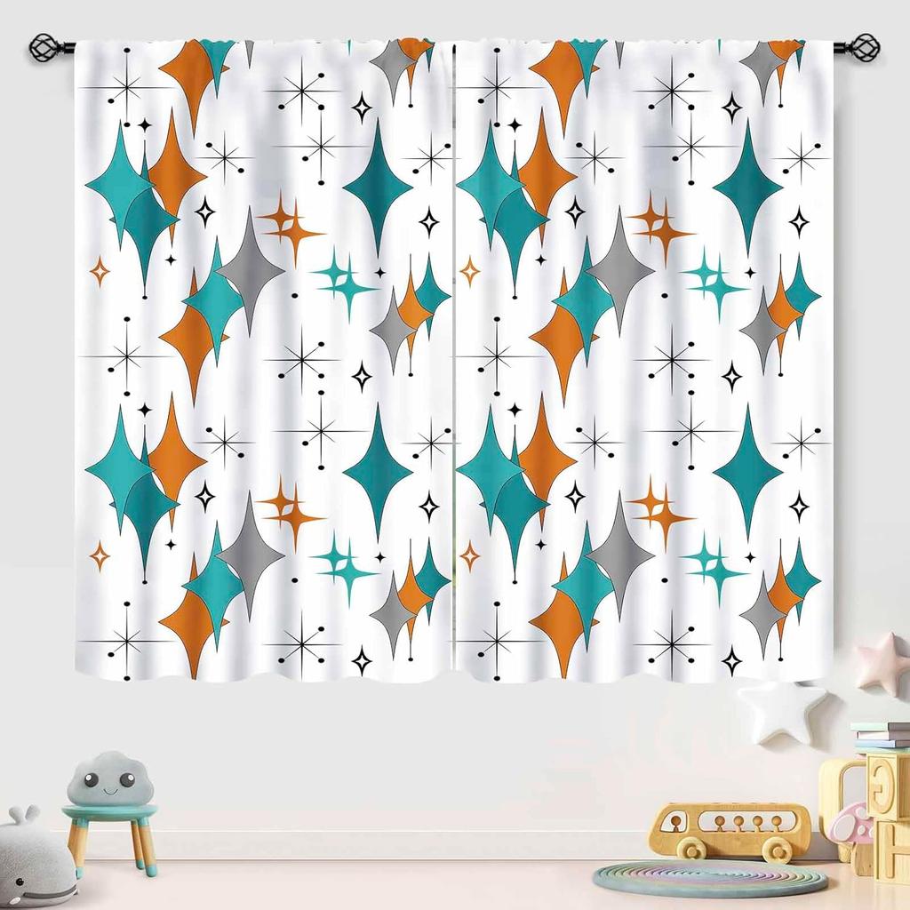 Mid Century Modern Curtains,Blue Orange Abstract Atomic Geometric Pattern Retro 1950S 1960S Style Window Treatments For Bedroom