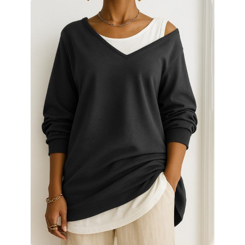 Autumn Winter Loose Casual Fake Two Pieces Sweatshirt Women Long Sleeve V-neck Pullover Top Female T-shirt Tee