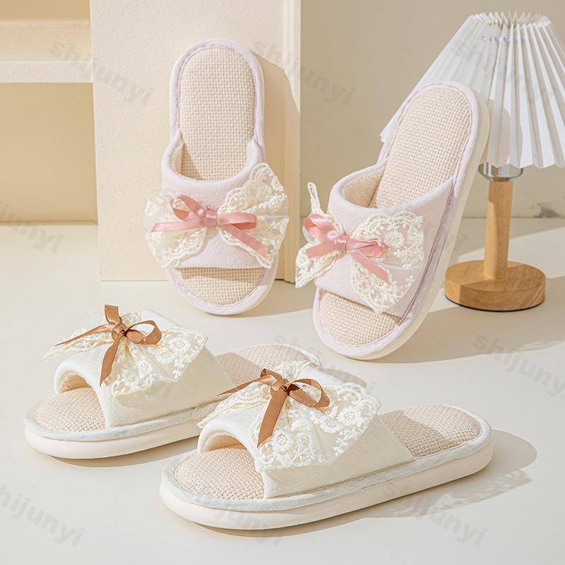 Fashion Summer Linen Women Slippers Cute Cartoon Home Slippers Comfortable Platform Ladies Fashion Bowknot Indoor Slipper Wholesale