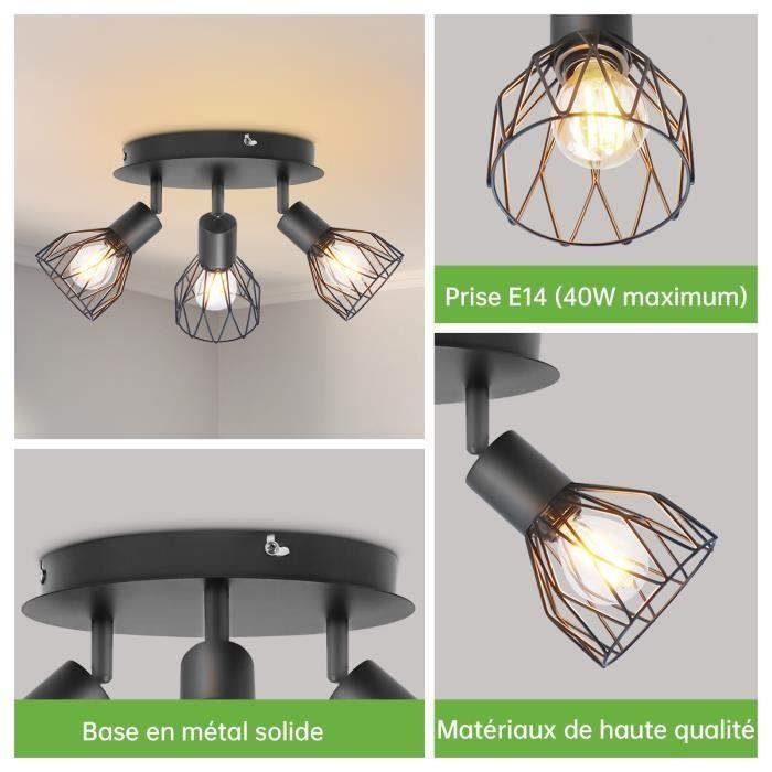 Kimjo Plafonnier Spot De Plafond Avec 3 Spots Douille E14, Applique Rétro Pour Chambre Séjour Couloir Café, Max 40W, Sans Ampoules