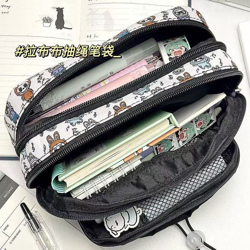 Drawstring Pencil Bag Student Cute Multi-layer Stationery Storage Bag Japanese Cartoon High-value Drawstring Stationery Bag