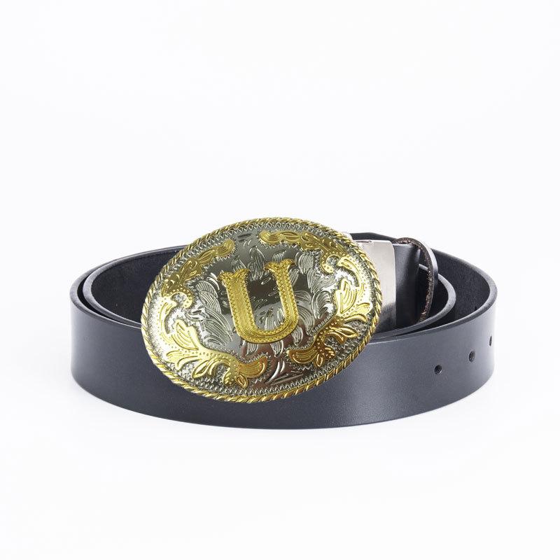 U-shaped Oval Plate Buckle Smooth Buckle Retro Style Cowhide Belt Whole Buffalo Leather Cutting Belt