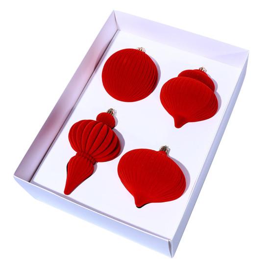 

4 шт. Бархатные елочные шары Пластиковый флокированный декор с металлическими подвесками Праздничные украшения для дома для елки каминной полки красный