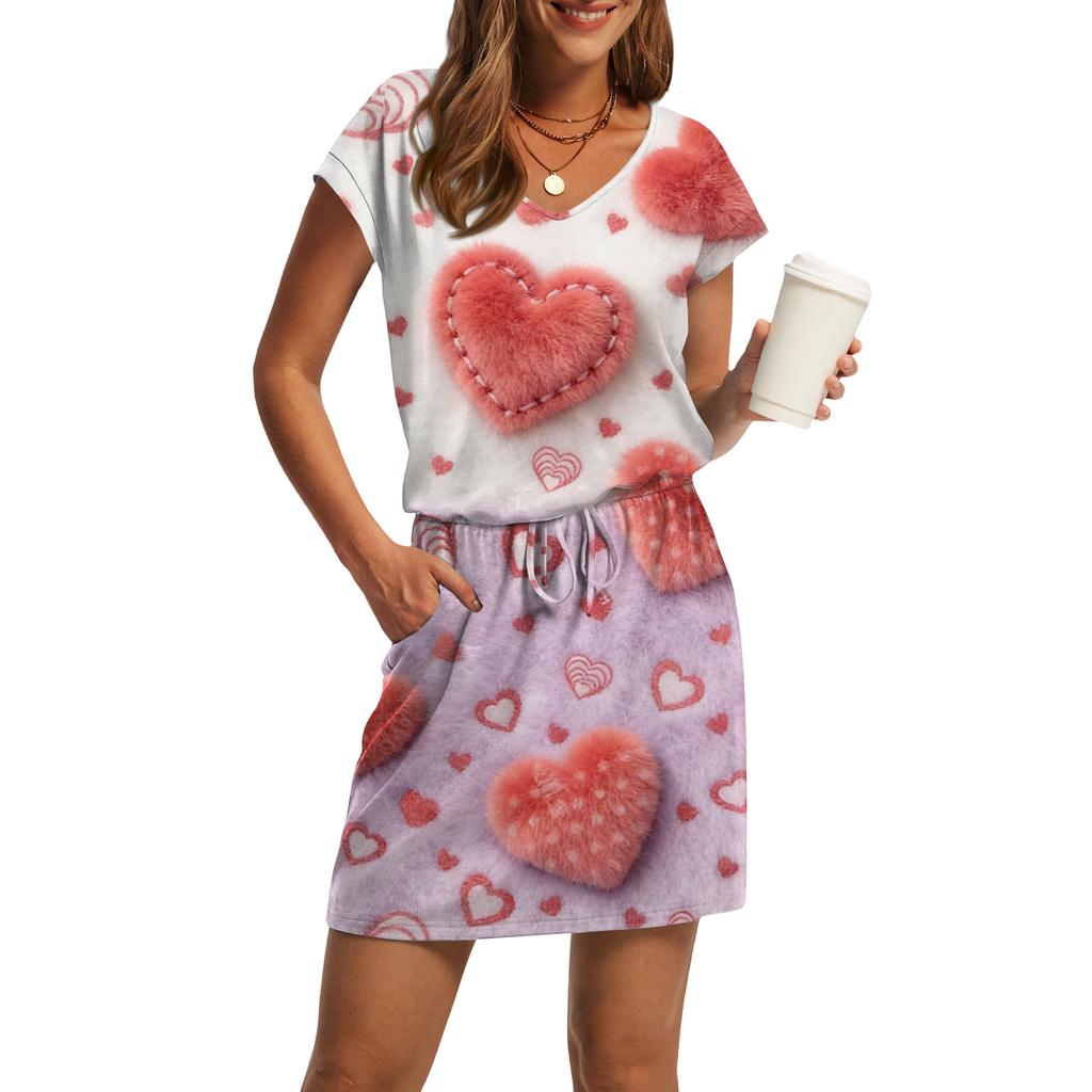 Women's V,Neck Short,Sleeve Drawstring Pocket Valentine's Day Print Casual Dress