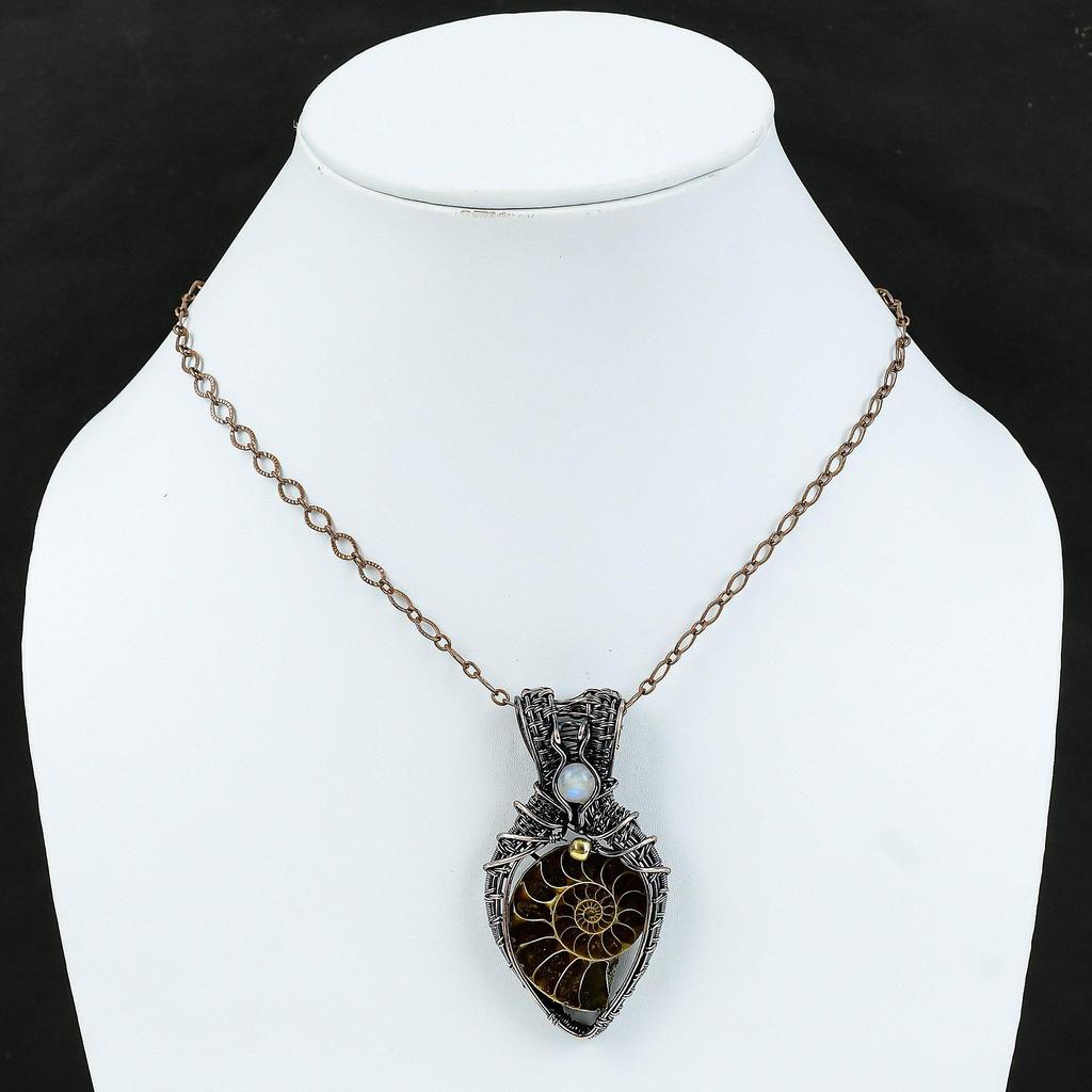 Ammonite Fossil Pendant Copper Wire Wrapped Pendant Rainbow Moonstone Pendant Handmade Copper Jewelry Gift For Her Wrapped Gemstone Pendant