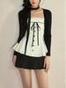 Open Knit Cardigan with Lace Bow Camisole & Polka Dot Mini Skirt Set