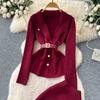 Herbst Winter Damen Vintage Designer Strickpullover Hose Zweiteiliges Set Blazerkragen Jacke Mantel und Weitbeinige Hose Trainingsanzug