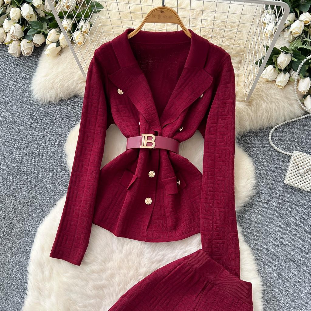 Herbst Winter Damen Vintage Designer Strickpullover Hose Zweiteiliges Set Blazerkragen Jacke Mantel und Weitbeinige Hose Trainingsanzug