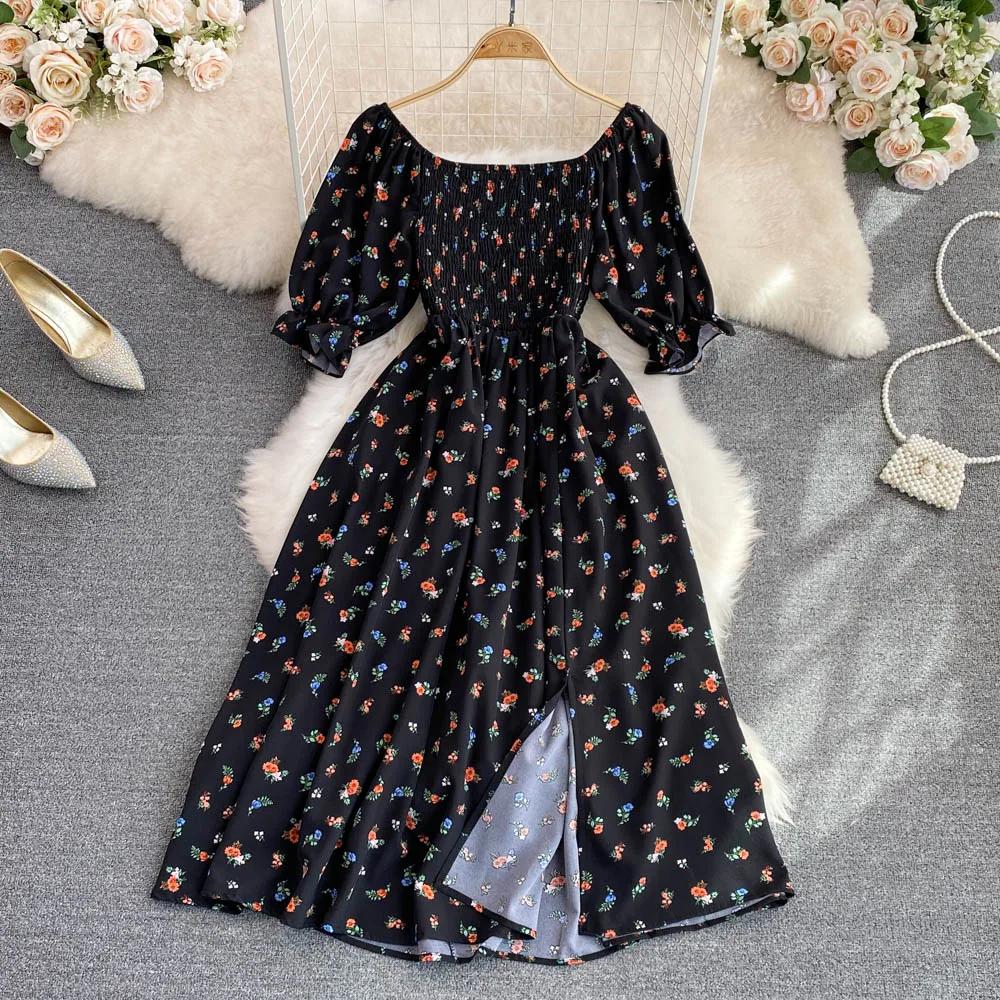 Fashion  Summer Flower Print Long Dress Women Vintage Square Neck Ruched Chest Split  Sundress Party